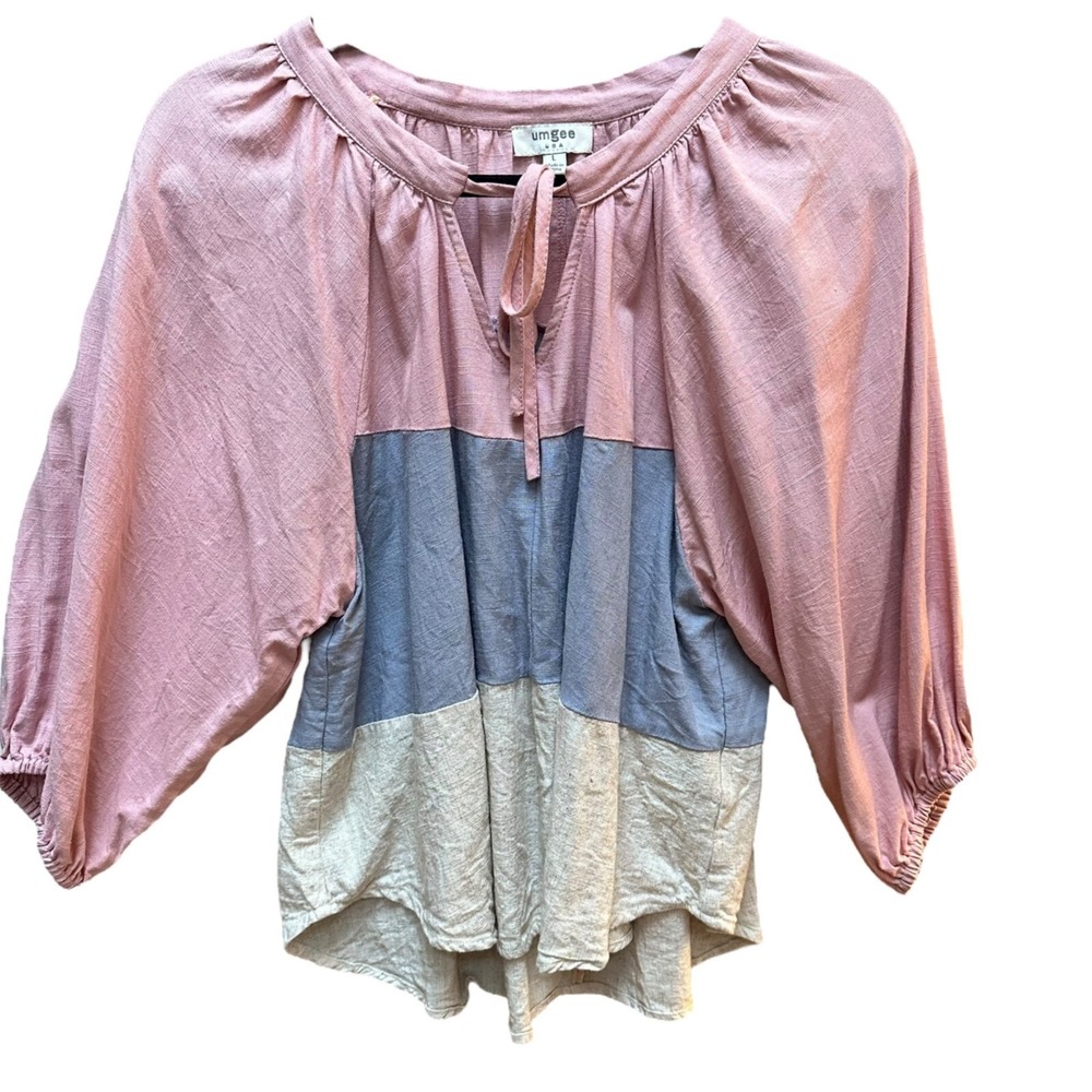 Umgee Colorblock Top Pink Blue Balloon Sleeve Linen Blend Loose‎ Fit Boho Size L
